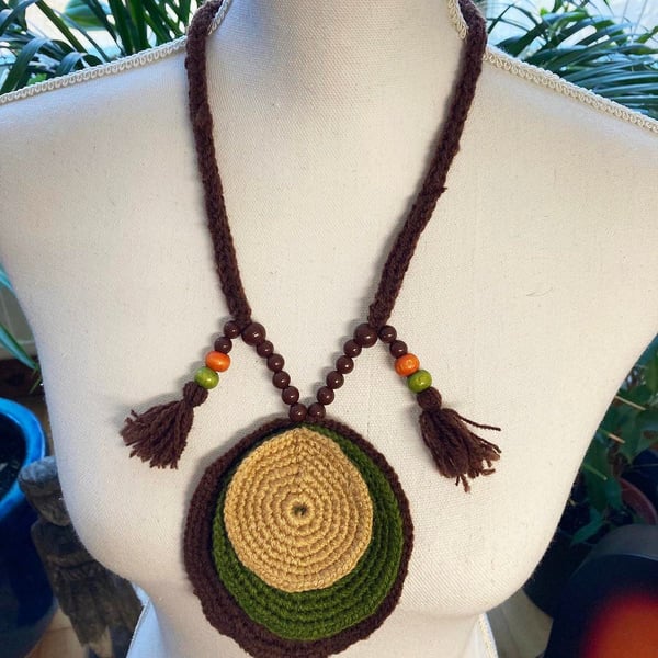 Brown-green crochet everyday boho beaded round shape necklacehand 
