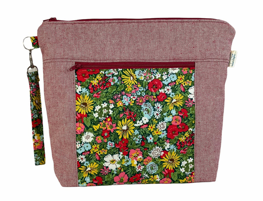 Liberty fabric knitting and crochet pouch bag with zip pocket and floral print, 