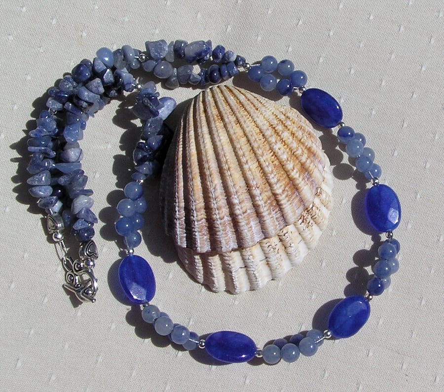 Natural Blue Sapphire & Blue Aventurine Gemstone Statement Necklace "Serene Blue