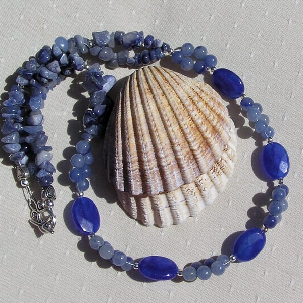 Natural Blue Sapphire & Blue Aventurine Gemstone Statement Necklace "Serene Blue