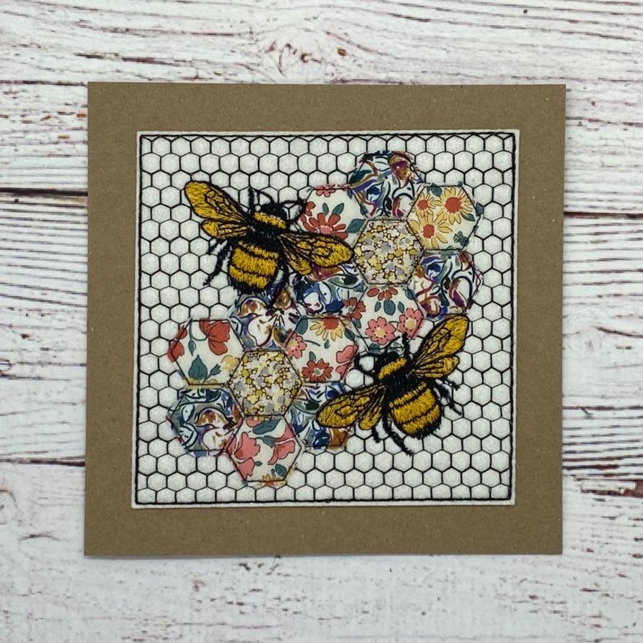 Bees - Bee Card - Bee Keepsake Card - Embroidered Bee Greetings Card
