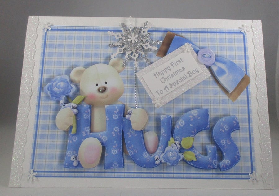 First Christmas Cute Bear Greeting Card, baby boy,grandson,son, 3D,Personalise