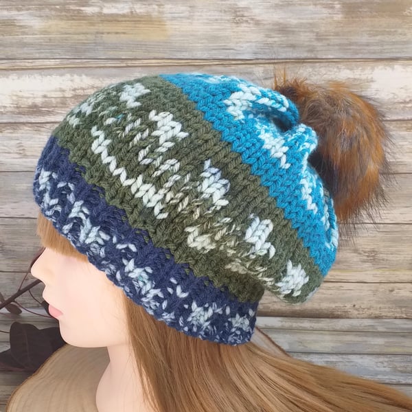 Hand Knitted Nordic Style Hat With Removable Faux Fur Pom-Pom