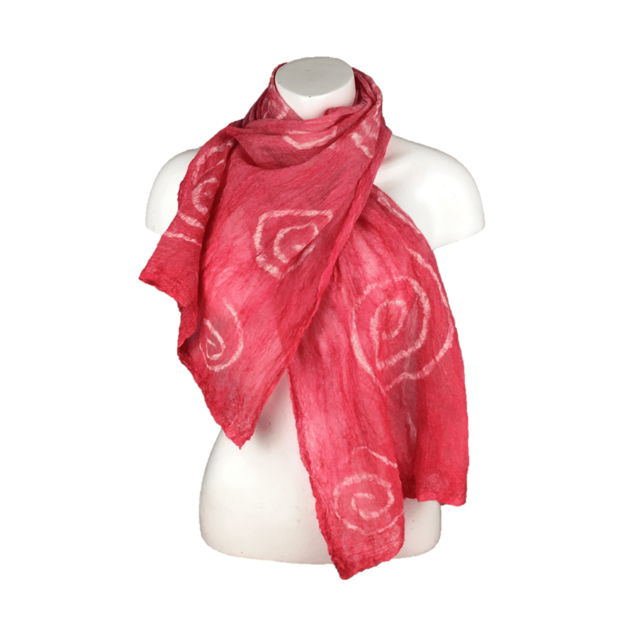 Red nuno felted silk chiffon scarf with spiral pattern