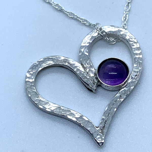 Amethyst and Sterling Silver Heart Pendant, Hammer Textured, 100% Handmade