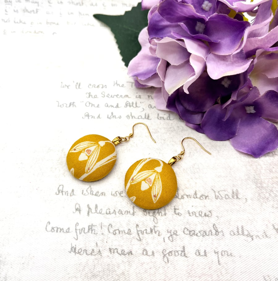 Snowdrop earrings mustard yellow metallic copper accents fabric button jewellery