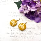 Snowdrop earrings mustard yellow metallic copper accents fabric button jewellery