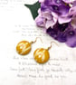 Snowdrop earrings mustard yellow metallic copper accents fabric button jewellery - Image 1