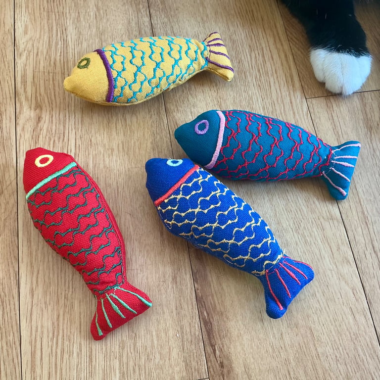 Small Embroidered Nordic fish , catnip kicker toy.