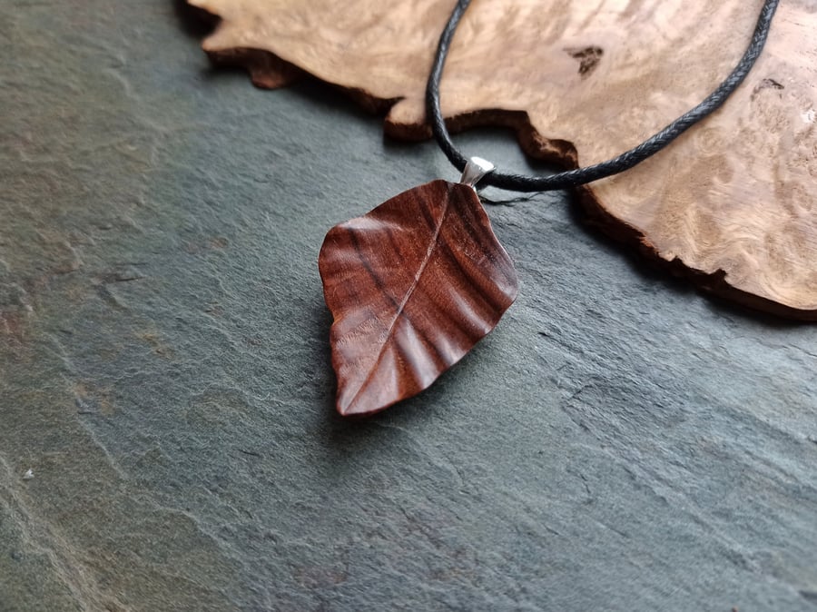 Hand Carved Rosewood wood leaf pendant