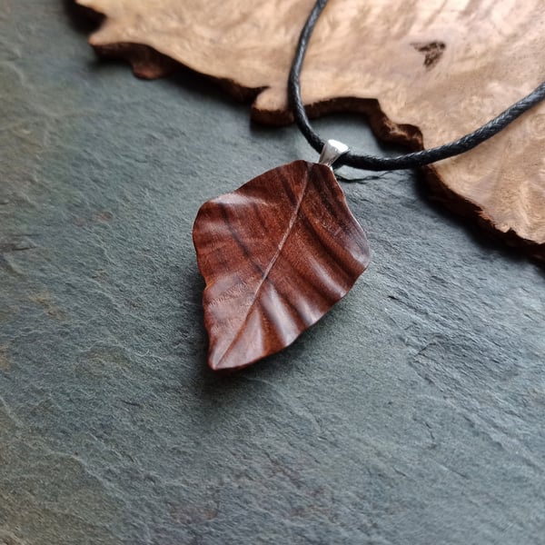 Hand Carved Rosewood wood leaf pendant