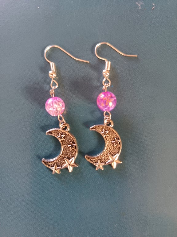 Silver cresecent moon dangle earrings with lilac bead detail