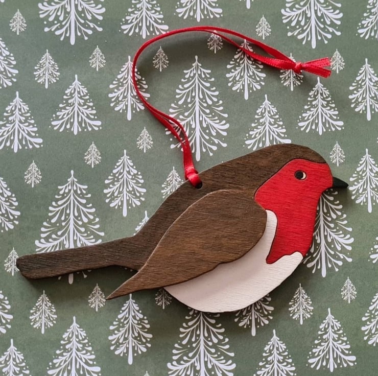 Robin Christmas Wooden Tree Decoration - Folksy