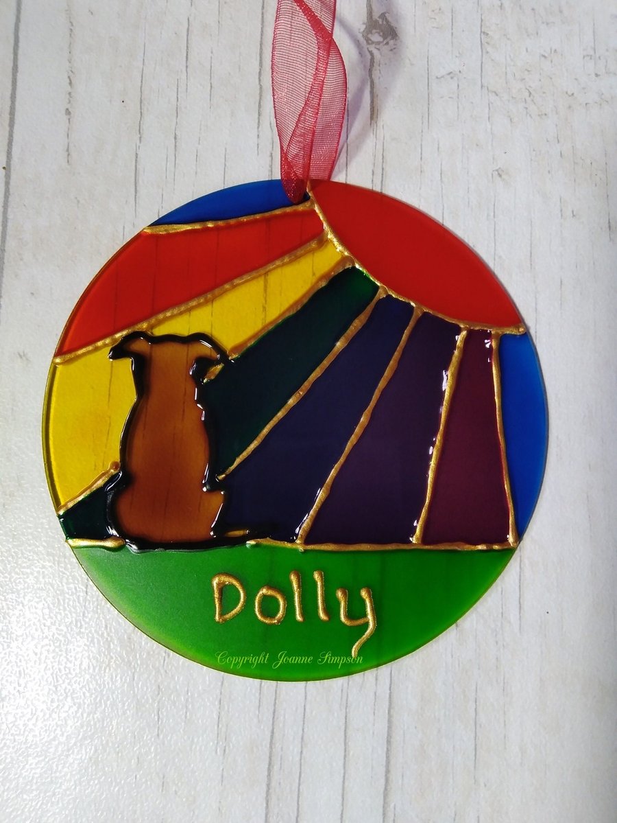 Hand painted Terrier Rainbow sunshine pet memorial sun catcher decoration. 