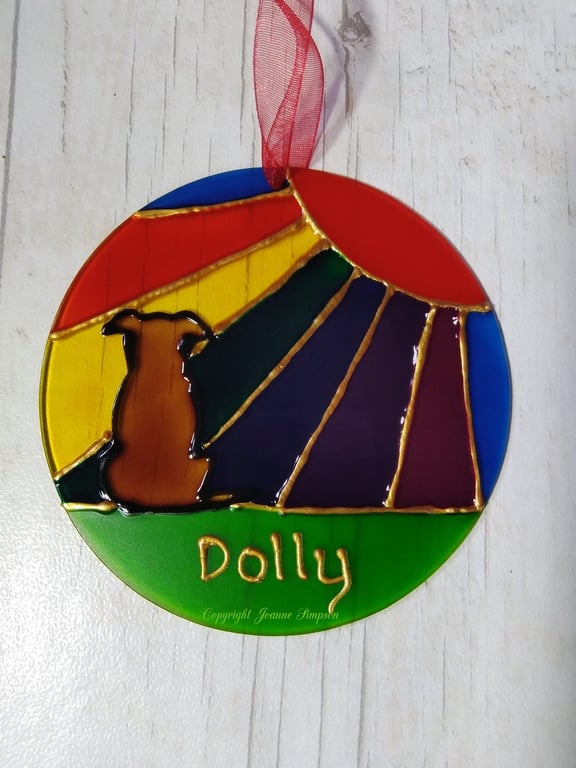 Hand painted Terrier Rainbow sunshine pet memorial sun catcher decoration. 
