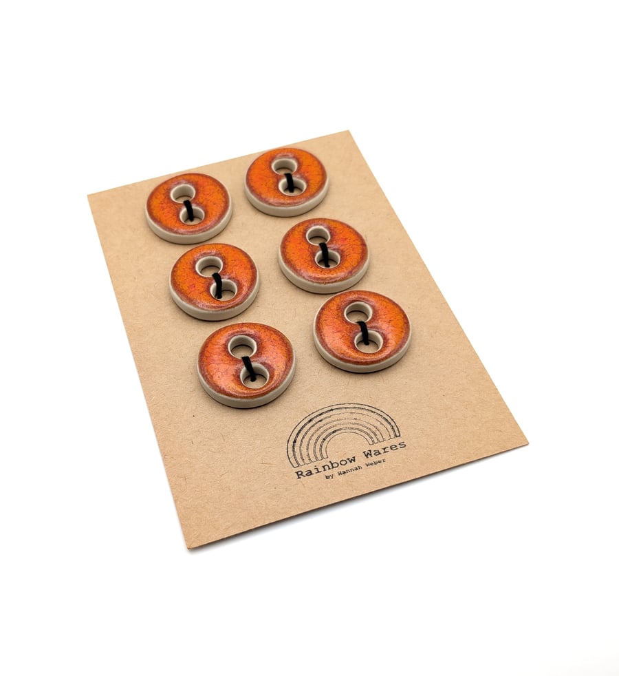 Set of 6 Handmade Round Pottery, Ceramic Buttons, Fiery Orange, Medium, 32 mm