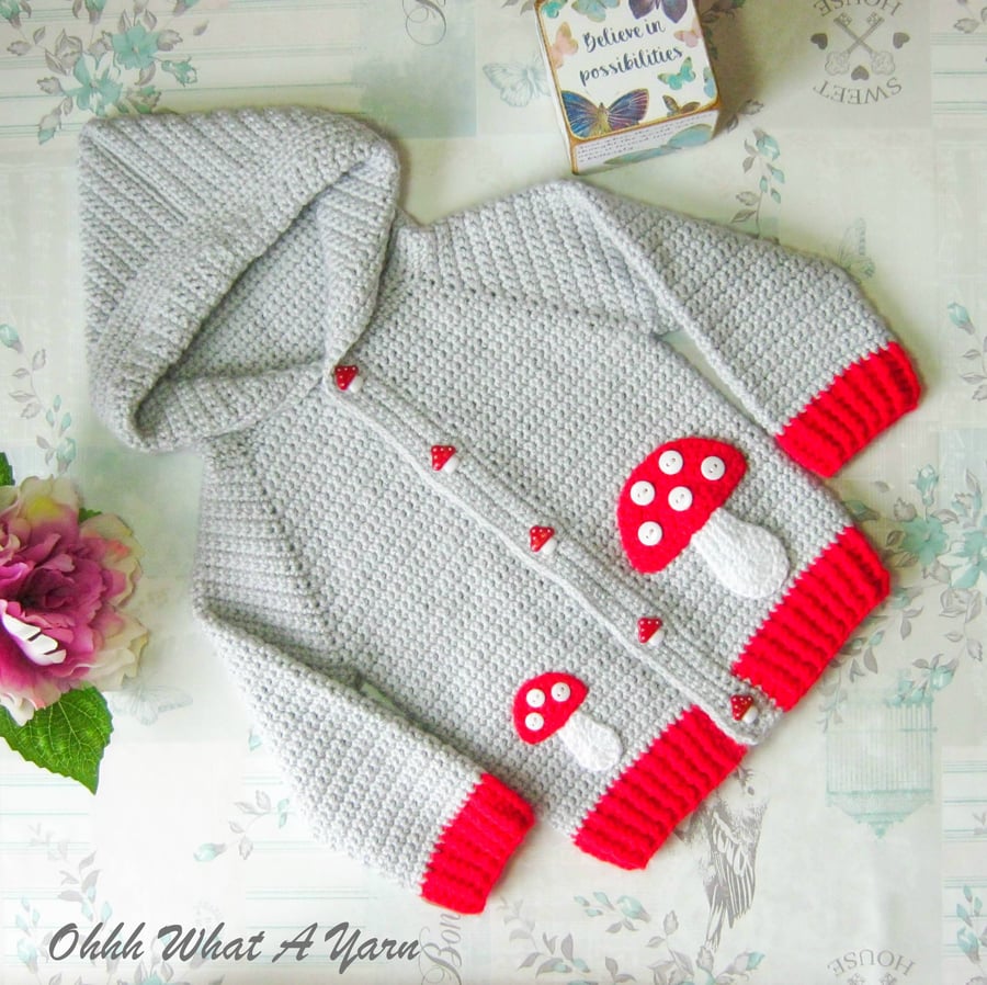 Crochet baby hoody. Original design toadstools hoody. Size 9-12 months.
