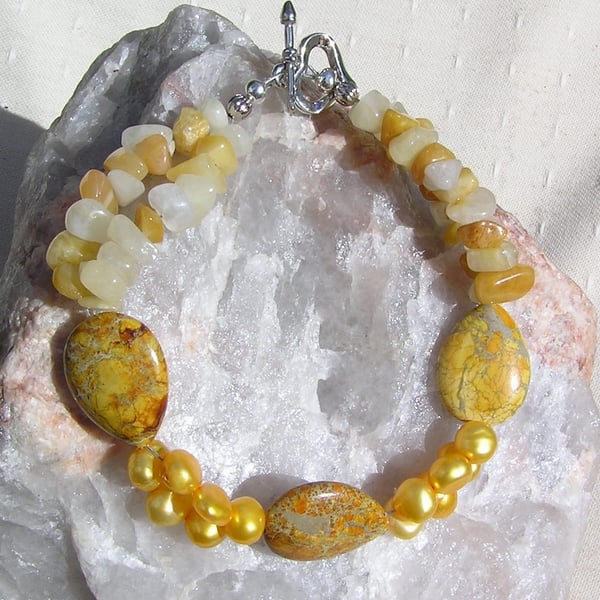 SALE - Yellow Jasper, Pearl & Jade Crystal Gemstone Bracelet "Golden Days"