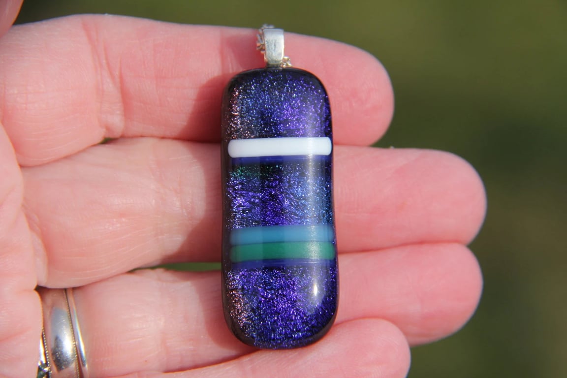 Handmade Blue and purple dichroic banded pendant, fused glass necklace  SKU F38
