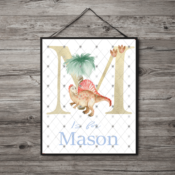 Dinosaur Initial Name Print, Letter M Custom Print, Letter M Personalised Art