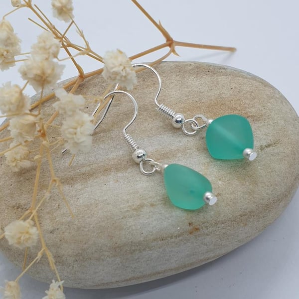 silver plated earrings with sea foam green faux sea glass acrylic beads 