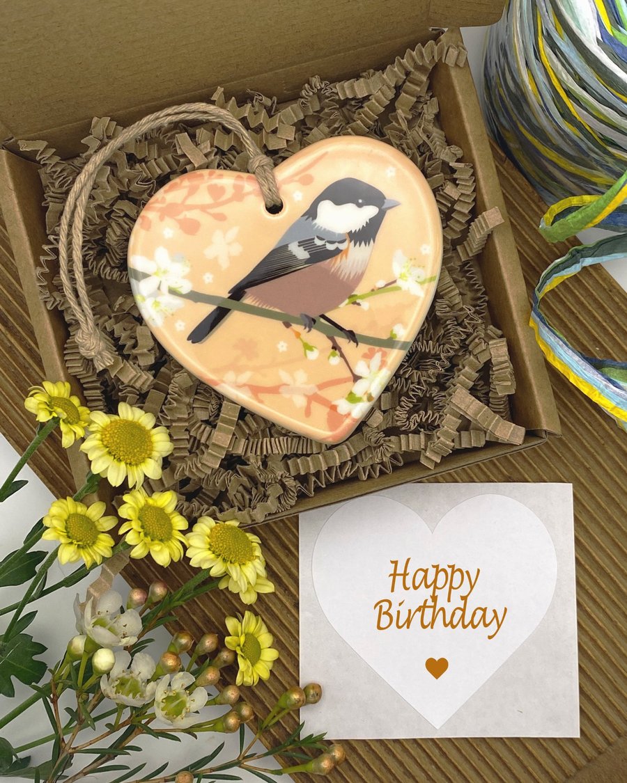 Coaltit on Spring Blossom - Keepsake Gift & Hanging Heart Decoration