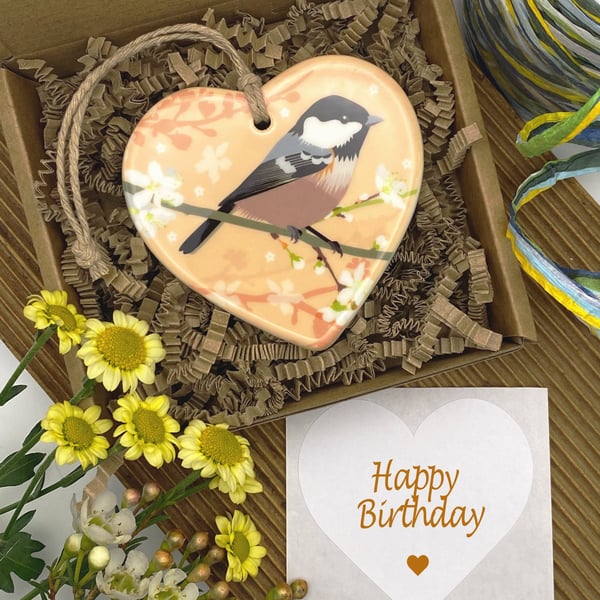 Coaltit on Spring Blossom - Keepsake Gift & Hanging Heart Decoration