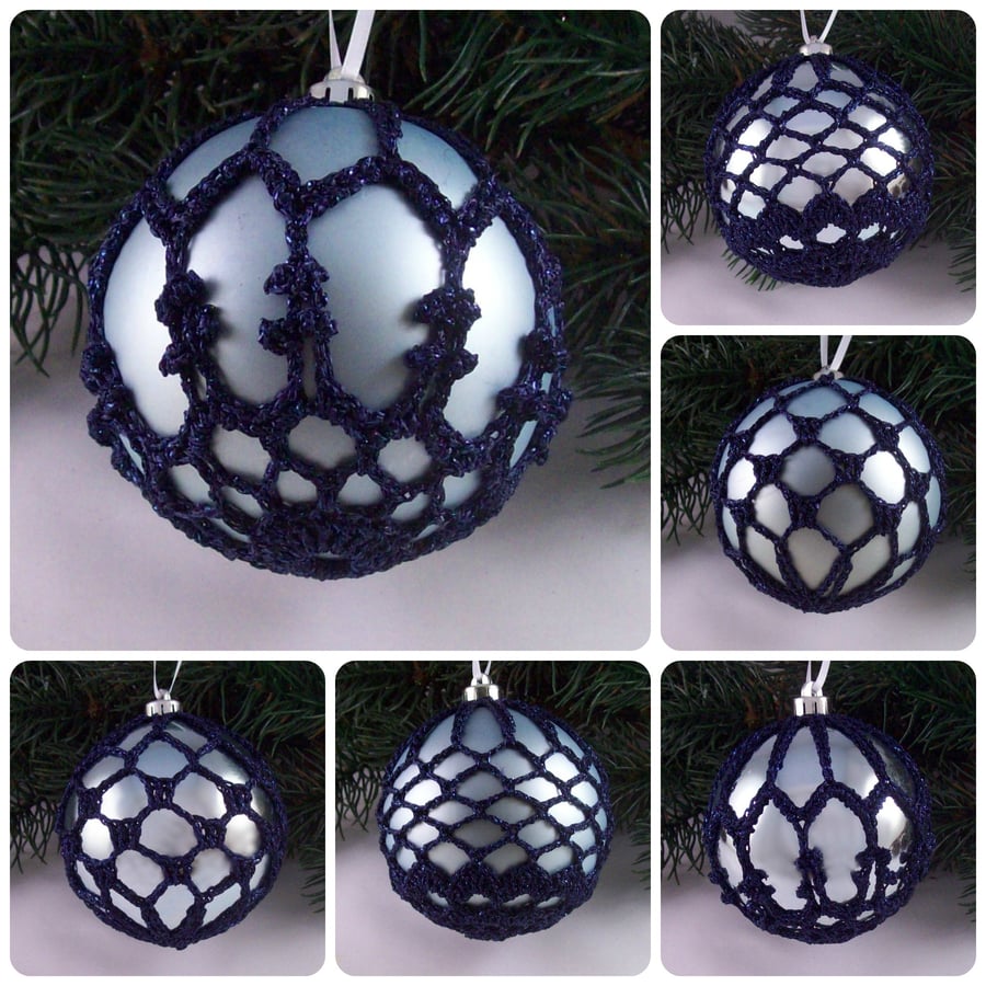 Christmas baubles boxed set of 6 large decorated with crochet lace (A4)