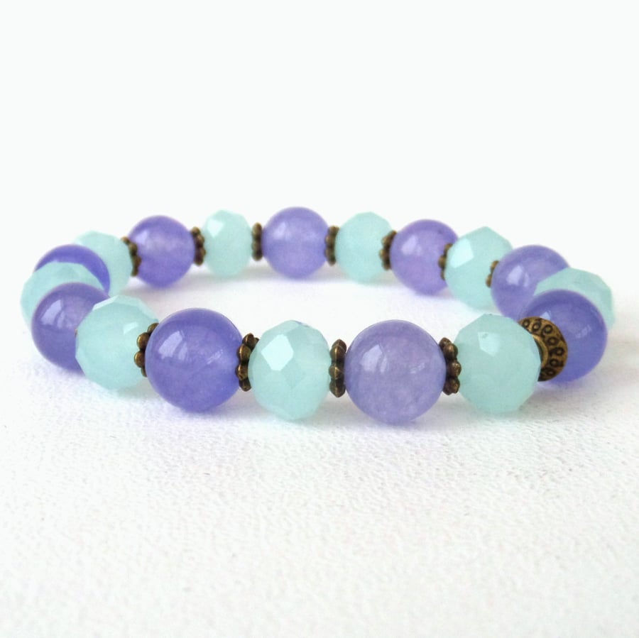 Purple and blue stretchy beaded bracelet