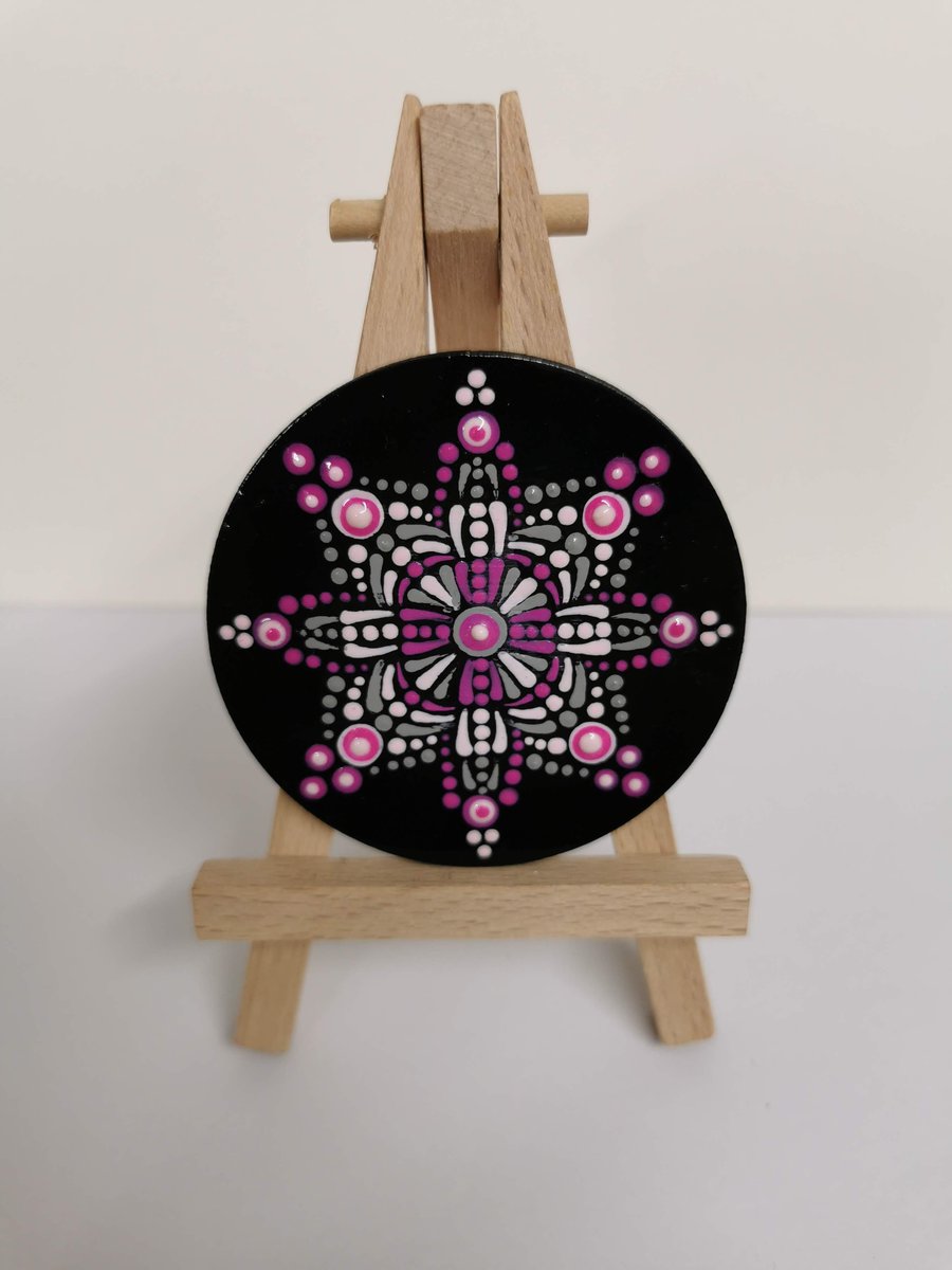 Hand painted pink and black mandala magnet