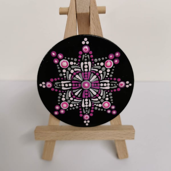 Hand painted pink and black mandala magnet