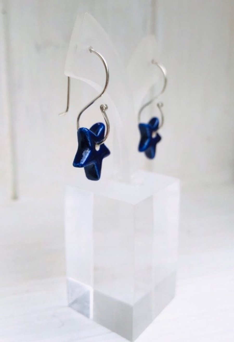 Ceramic Cobalt Blue Star Dangle earrings - Sterling Silver