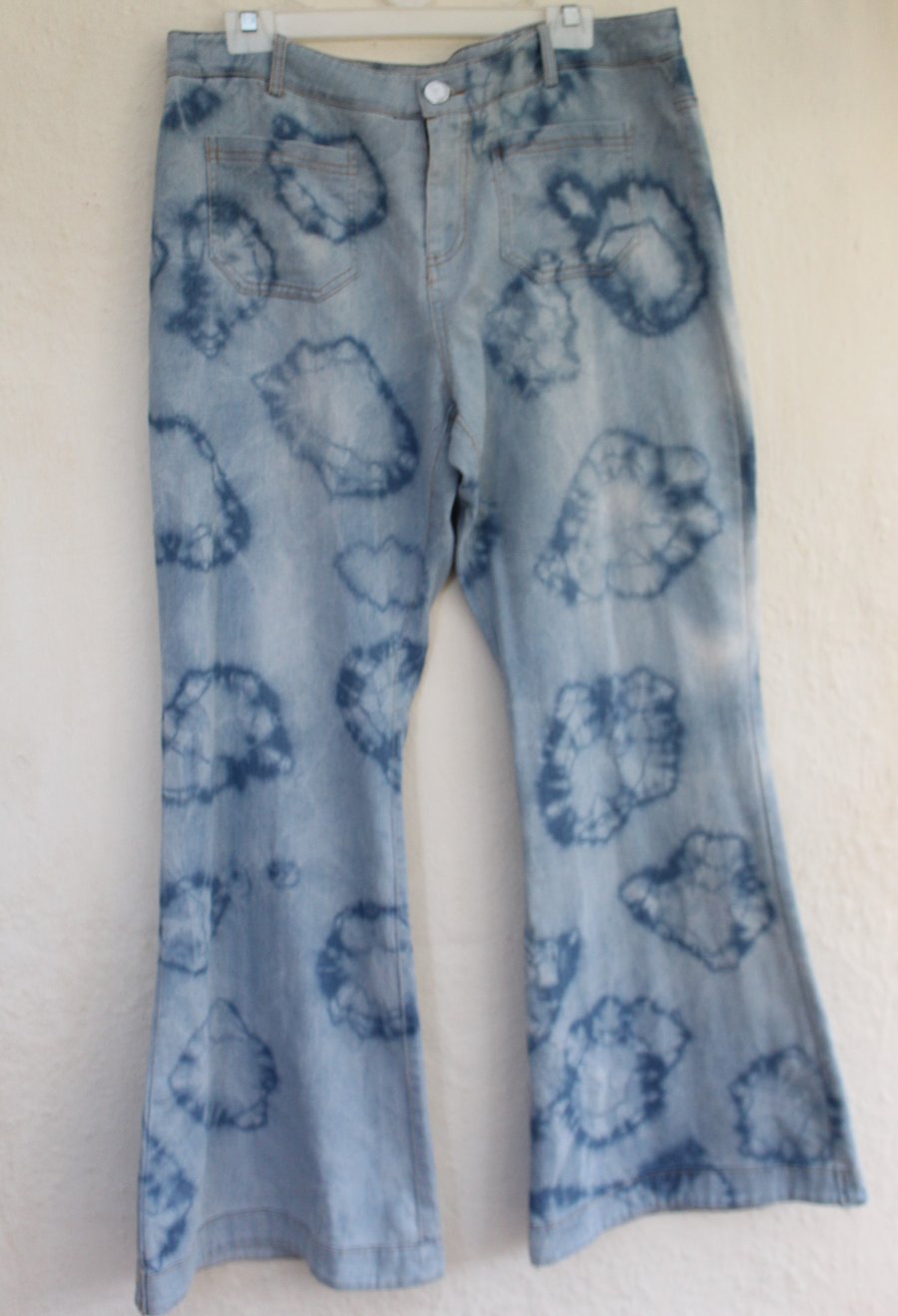 Ladies UK size 14, Eco reworked denim tie dye flared jeans,vintage 90's jeans