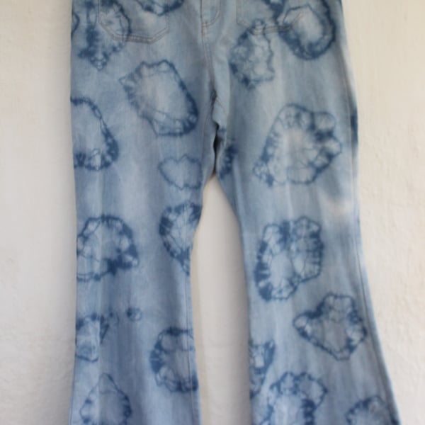 Ladies UK size 14, Eco reworked denim tie dye flared jeans,vintage 90's jeans