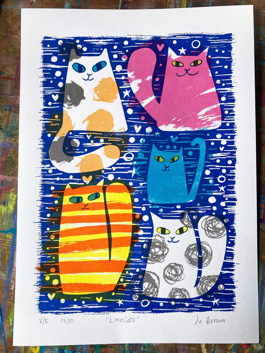 LoveCats original screen print -Calico cat- Unframed by Jo Brown happytomato 
