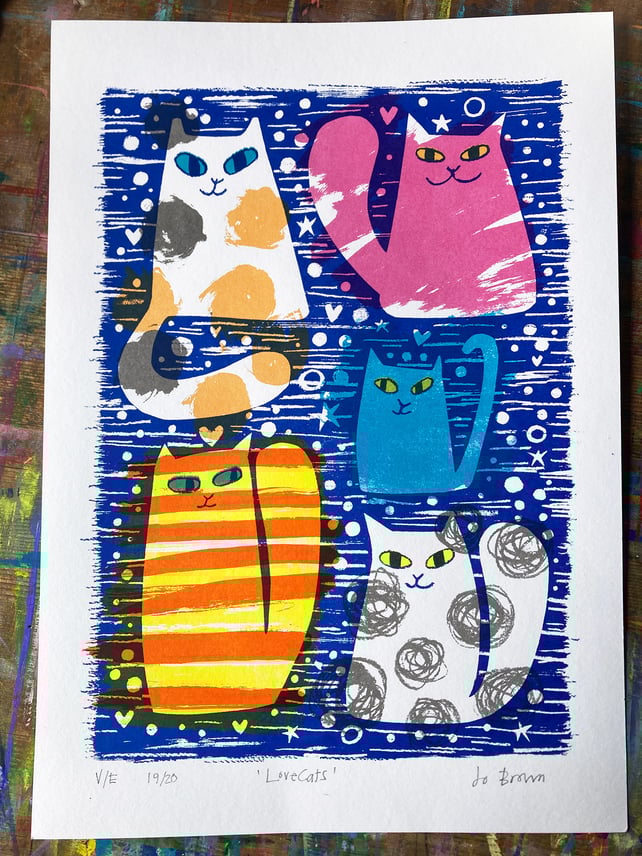 LoveCats original screen print -Calico cat- Unframed by Jo Brown happytomato 
