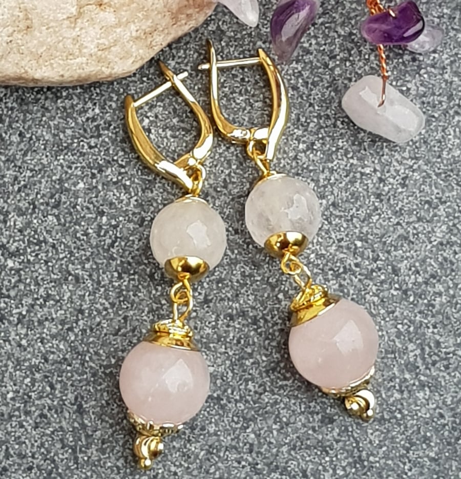 Rose quartz dangle earrings, handmade gold plated drop earrings, gift for her