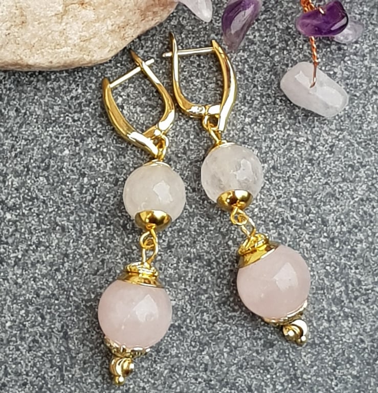 Rose quartz dangle earrings, handmade gold plated drop earrings, gift for her
