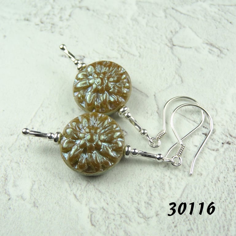 Sterling silver Czech glass taupe dahlia flower drop earrings, gift box