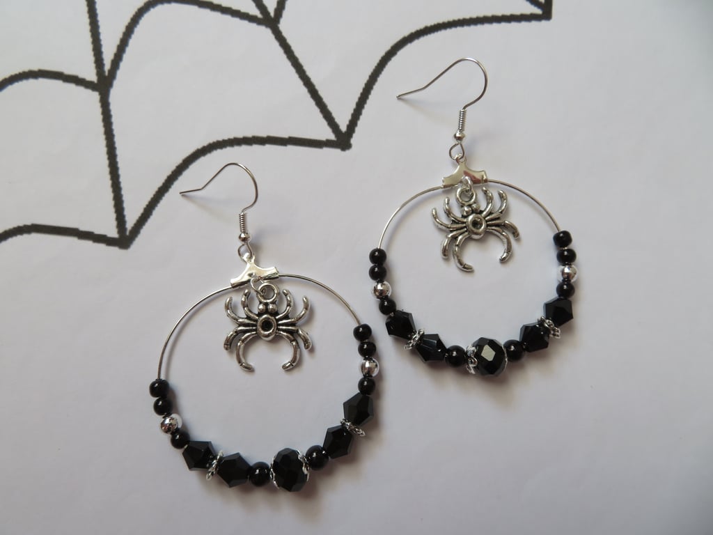 Black & Silver Crystal Spider Gothic Halloween Earrings