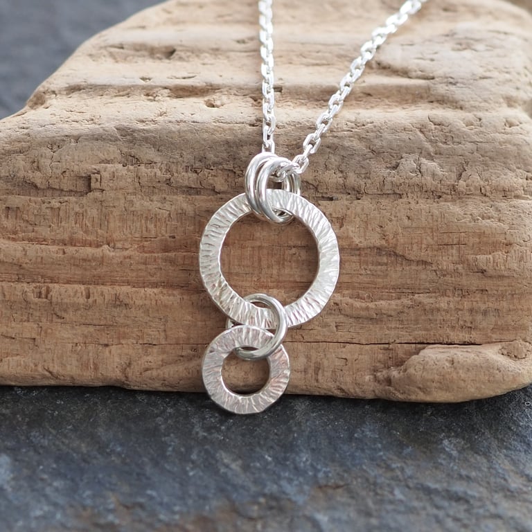 Silver Ring Necklace Pendant, Hammered Silver with Shimmer Texture