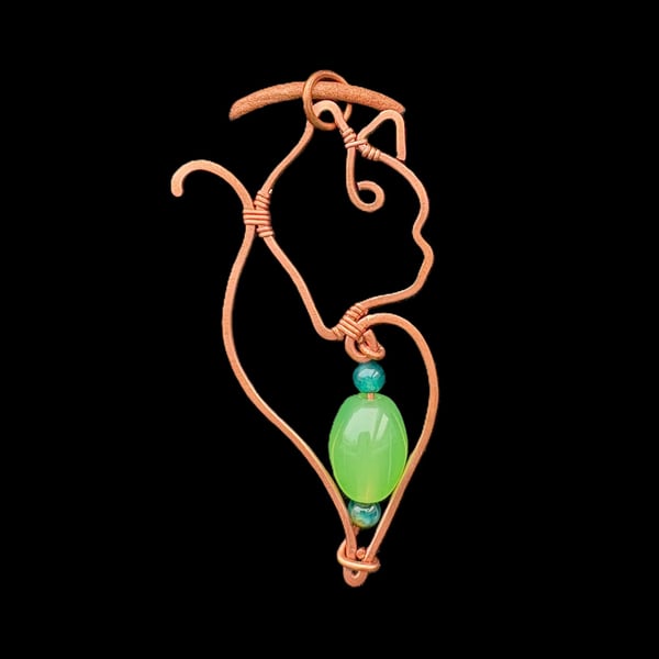 Antique copper Cat pendant with Chalcedony & Apatite stones