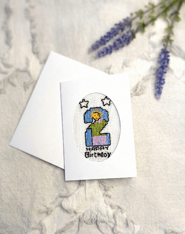 Unique Embroidered Birthday Card – Whimsical Cross Stitch Character