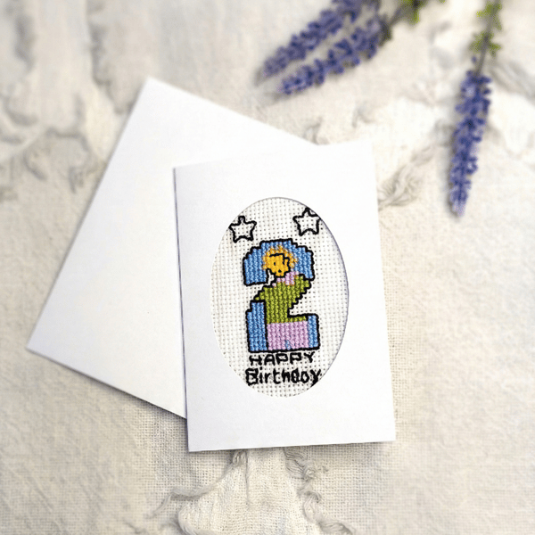 Unique Embroidered Birthday Card – Whimsical Cross Stitch Character