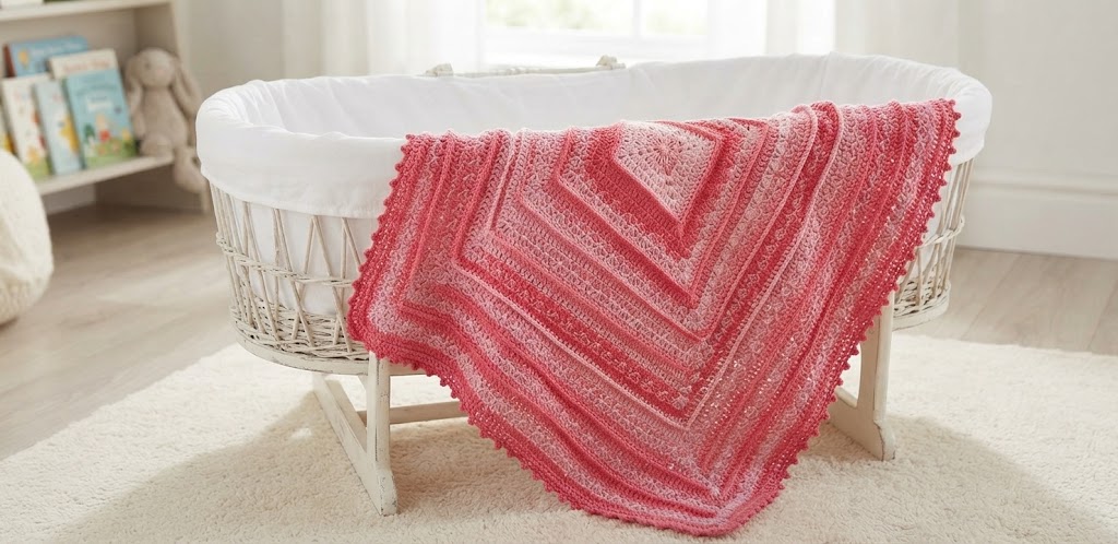 Handmade Crochet Baby Blanket: Imperial Ridge Pink Gradient Pram Blanket