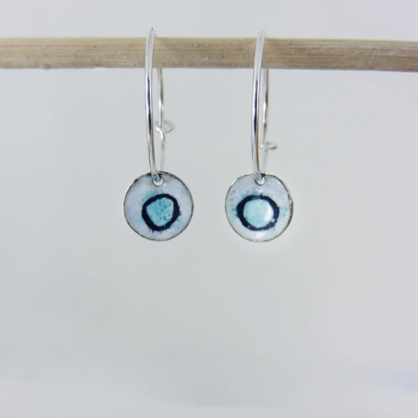 Silver Hoops with Hand Drawn Circle in Enamel on a Silver Disc.