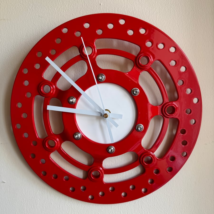 Red and White Motorcycle brake disc clock