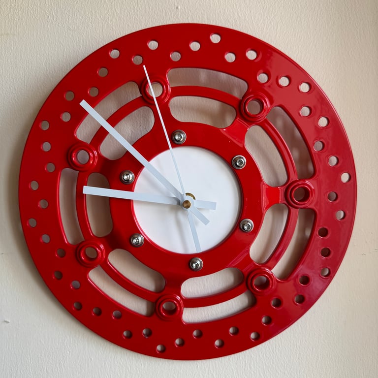 Red and White Motorcycle brake disc clock