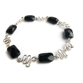 Black Faceted Onyx and Sterling Silver Bracelet 