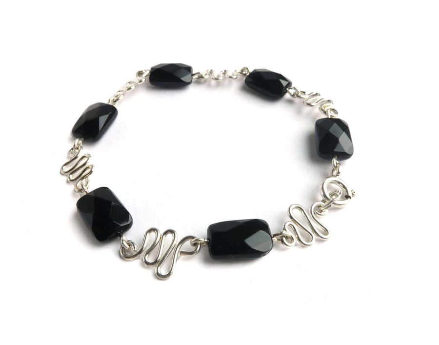 Black Faceted Onyx and Sterling Silver Bracelet 